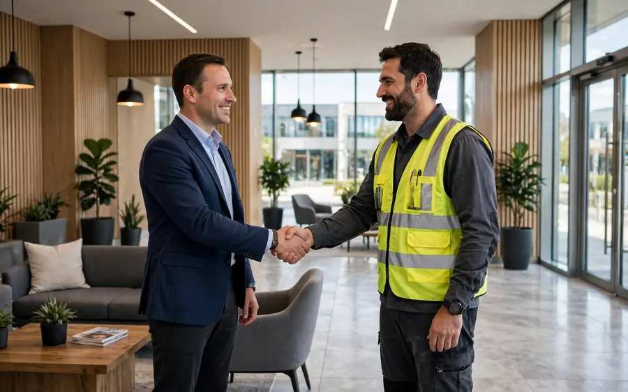 Property manager with a restoration supervisor in a commercial lobby