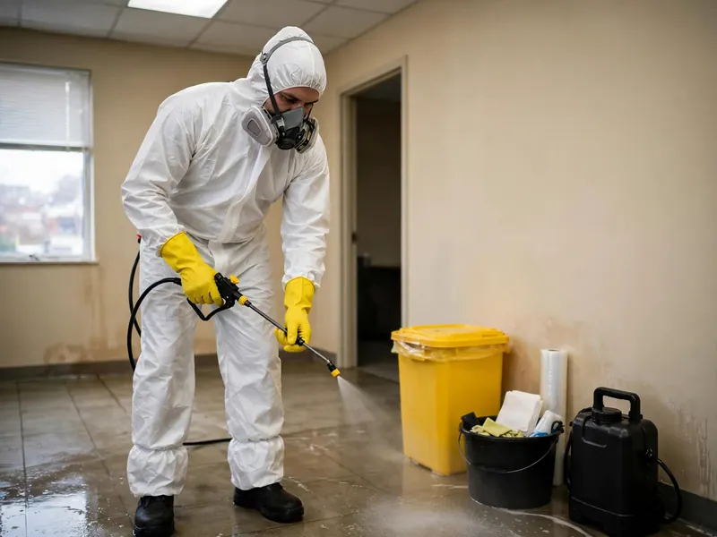 Biohazard cleanup technician disinfecting a room