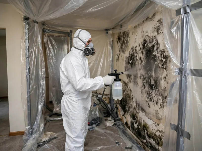 Technician in protective suit treating mold on a wall